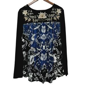 Soft Surroundings Baroque Floral Embroidered Neckline Top Black Sz L Boho-chic